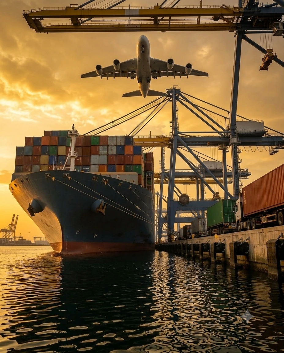 Container ship at port for freight forwarding
